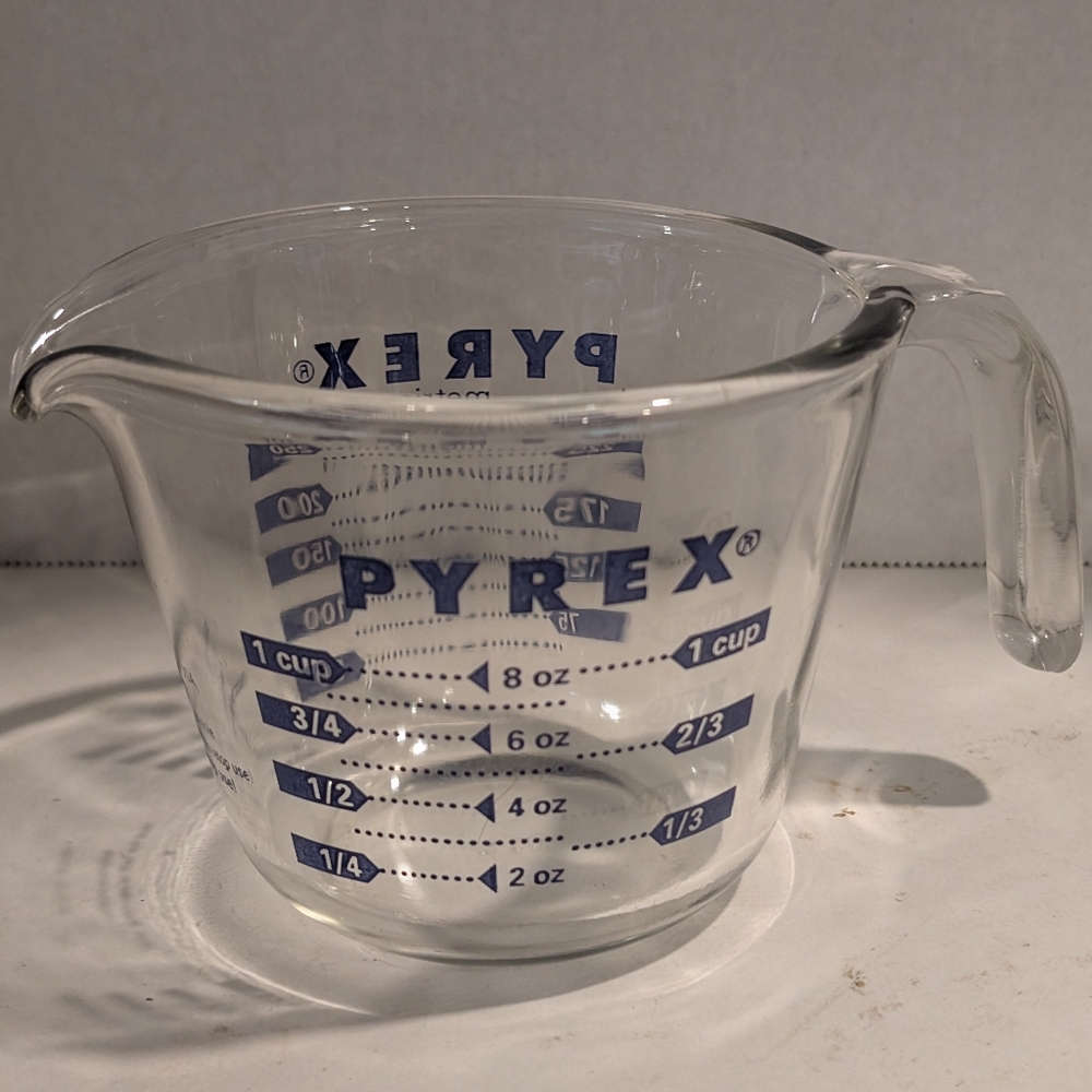 Pyrex One Cup Glass Measuring Cup Blue Print Made In USA Corning